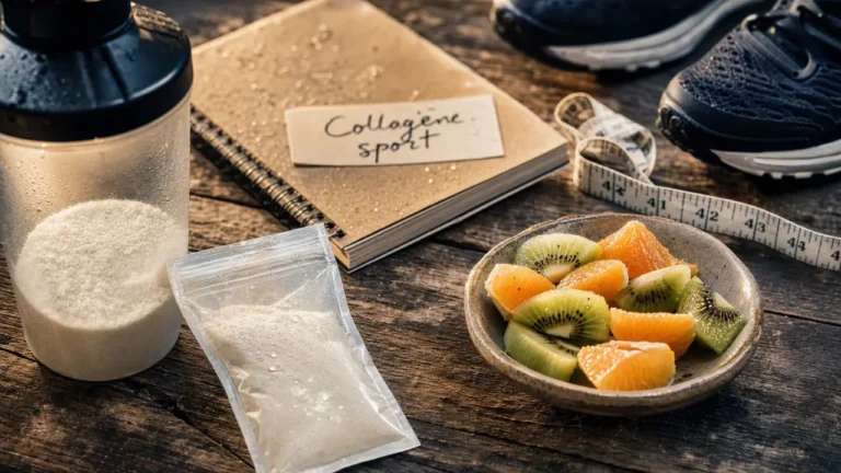 Photo collagene sport : poudre de collagène, vitamine C, shaker, tendons