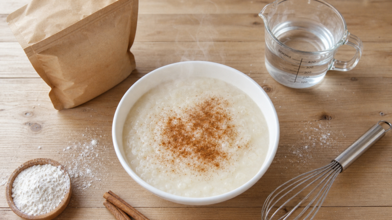 Crème de riz nutrimuscle : bol de crème de riz veloutée, cannelle, eau et fouet