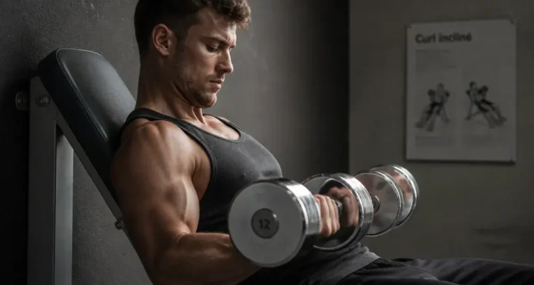Curl incliné haltères : 45 degrés, coudes fixes et descente lente pour mieux cibler les biceps Curl incliné haltères, coudes fixes et avant-bras en flexion