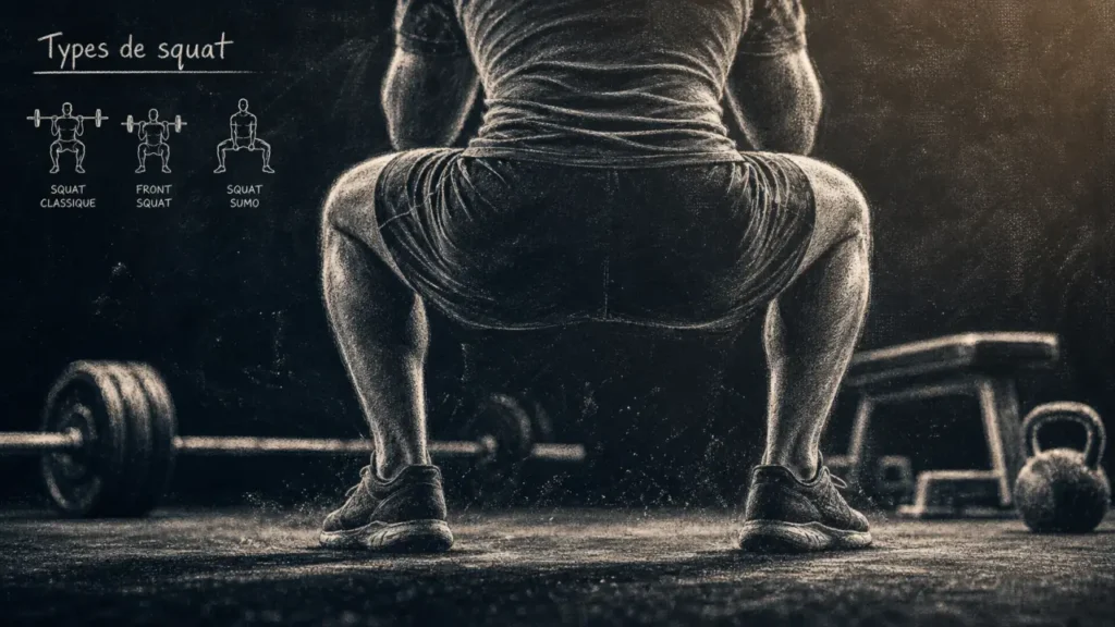 Different type de squat : front, sumo, bulgare—choisir selon ses jambes