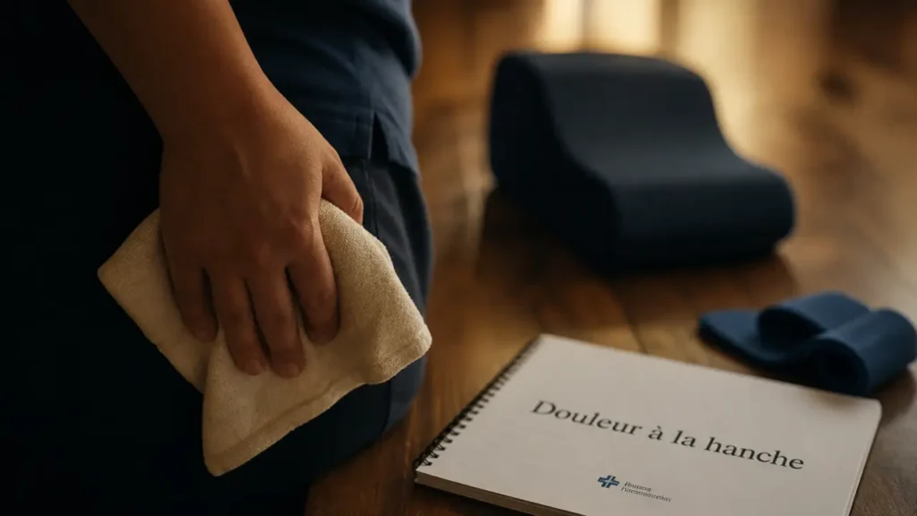 Douleur a la hanche, main tenant une serviette près de la hanche