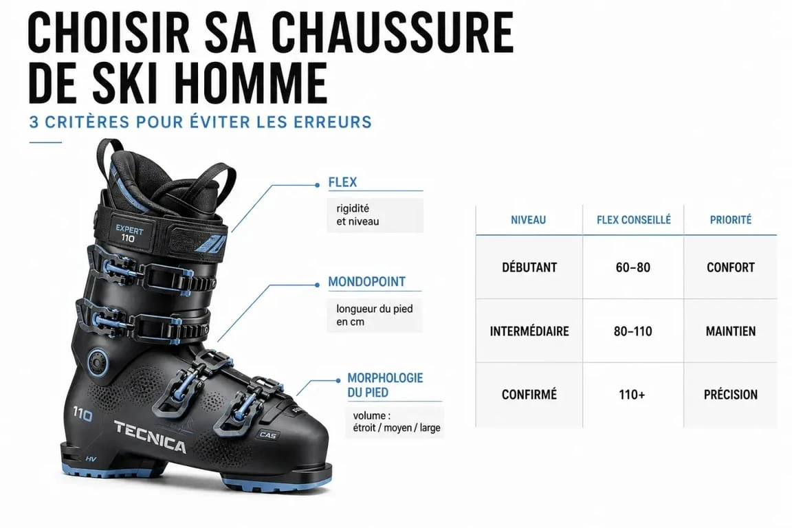 Chaussure de skis homme : visuel de synthèse sur le flex, le Mondopoint et le maintien du pied