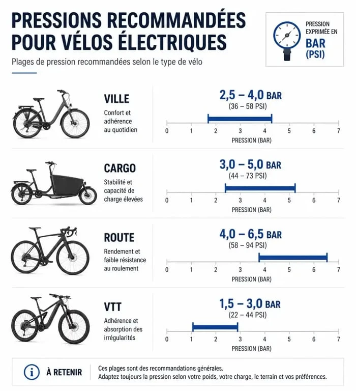 Infographie des pressions recommandées pour les pneus de vélo électrique selon le type de VAE