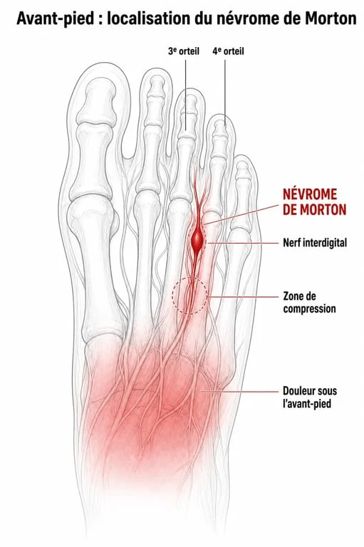 Schéma de la maladie de Morton montrant la zone douloureuse sous l’avant-pied et le nerf interdigital