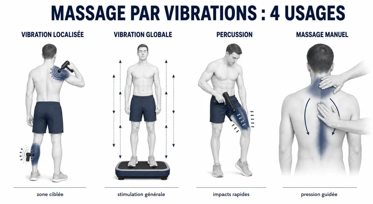 Infographie massage vibrations comparant vibration localisée, vibration globale, percussion et massage manuel