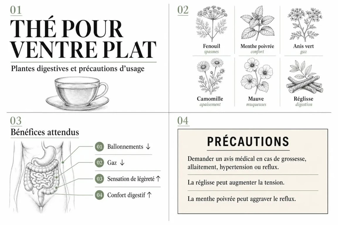 Infographie sur le thé pour ventre plat : plantes digestives, effets et précautions