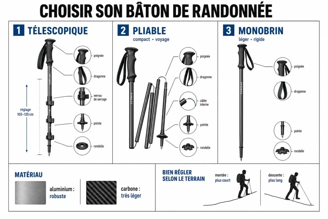 Bâton de randonnée : comparatif visuel des types télescopique, pliable et monobrin avec matériaux et accessoires
