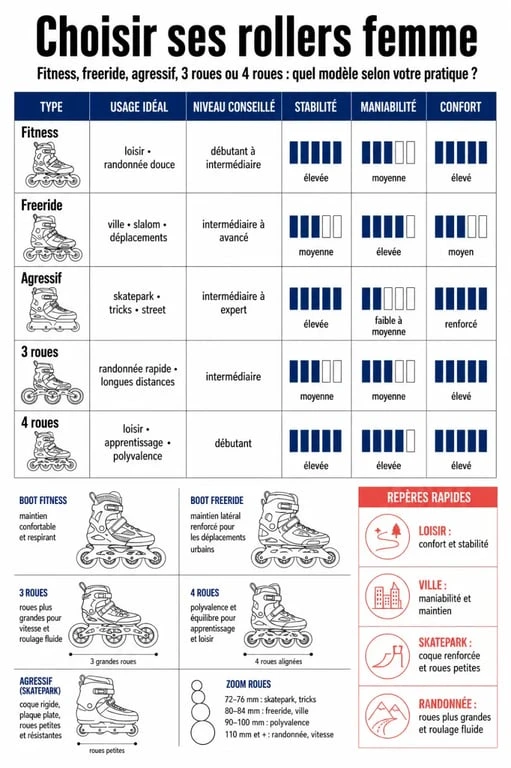Roller femme : infographie comparative entre roller fitness, freeride, agressif, 3 roues et 4 roues
