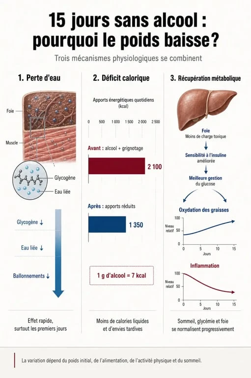 Infographie expliquant la perte de poids après 15 jours sans alcool et les mécanismes physiologiques associés