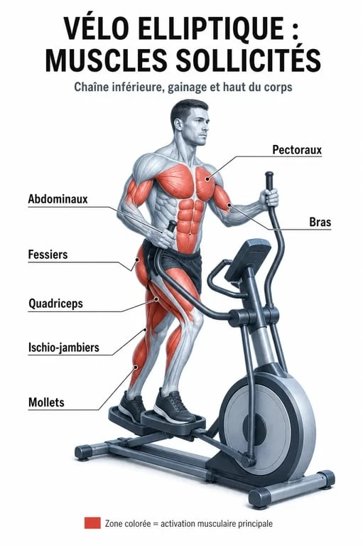 Schéma des muscles sollicités par le vélo elliptique pour un effet avant après visible