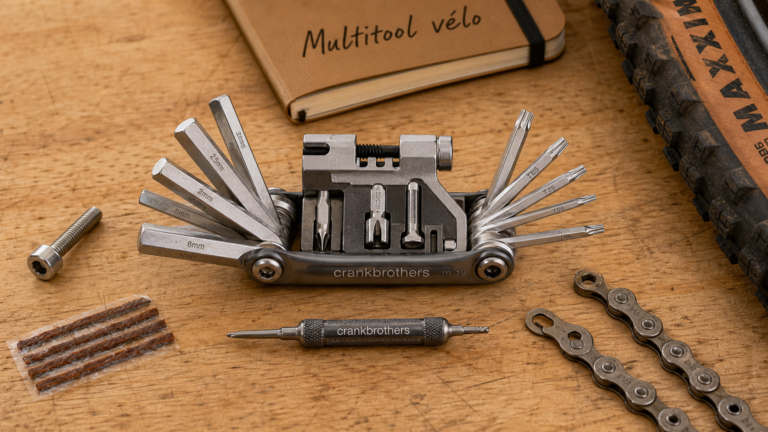 Multitool velo ouvert sur table : clés Allen et Torx, dérive-chaîne et outil tubeless