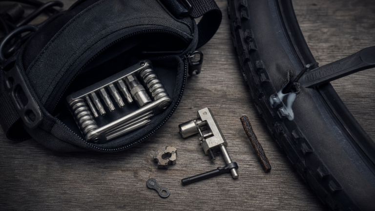 Multitool velo sur table, clés et outils pour réparation vélo