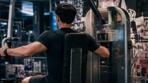 Pec deck reverse : pratiquant de dos sur machine ciblant l’arrière d’épaule