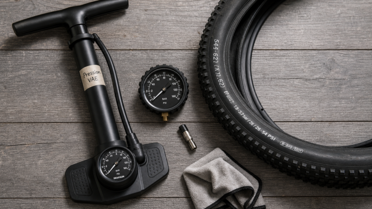 Pression pneu vélo électrique : pompe et manomètre près du pneu VAE