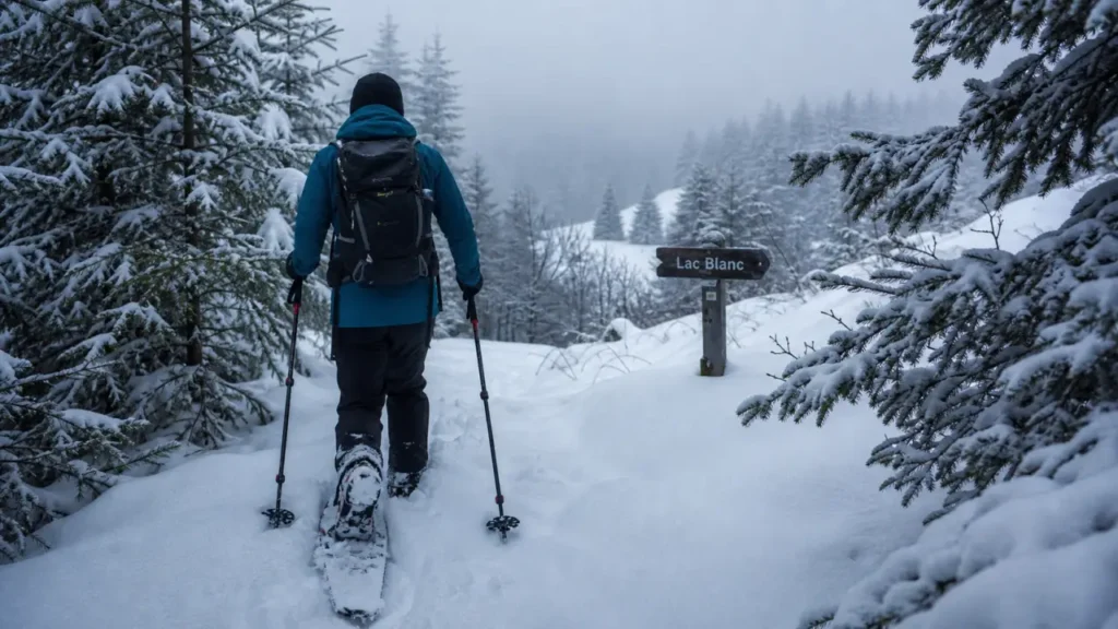 Randonnée en raquette dans les Vosges au Lac Blanc, neige et forêt