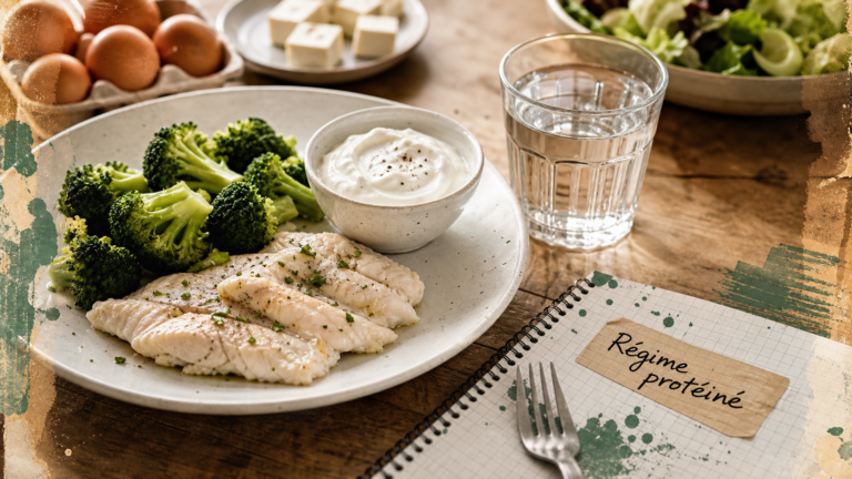 Régime protéiné 15 jours : menus réalistes, résultats et pièges à éviter regime proteine 15 jours : assiette protéines, brocoli et skyr