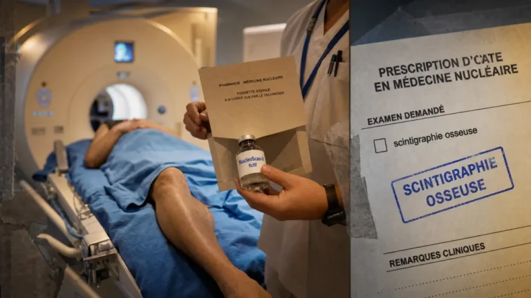 Scintigraphie genoux : patient et caméra en médecine nucléaire, attente 2 à 6 heures