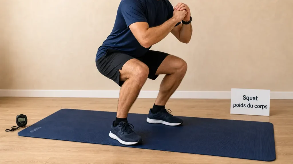 Squat poid du corps : repères pour progresser, équilibre et genoux alignés