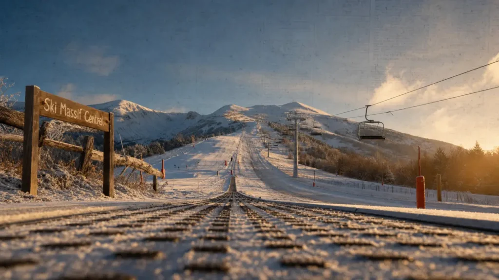 Station de ski au massif central : piste enneigée et télésiège