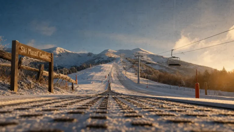Station de ski au massif central : piste enneigée et télésiège