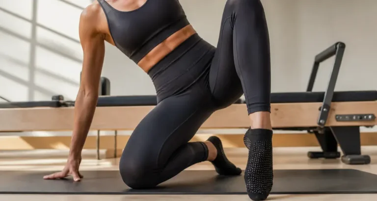 Tenue pour Pilates : 5 critères pour allier liberté de mouvement et maintien postural Tenue pour pilates, legging et brassière sans coutures, sur tapis de studio