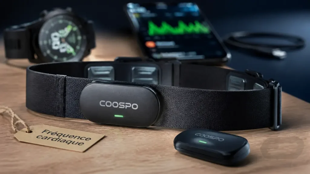 Ceinture fréquence cardiaque sur table, capteur cardio et montre GPS
