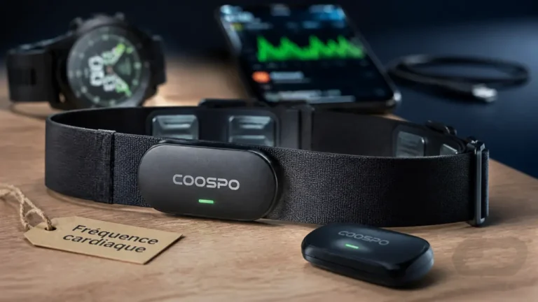Ceinture fréquence cardiaque sur table, capteur cardio et montre GPS
