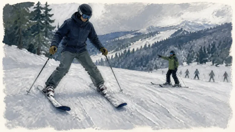 Apprendre à skier commence par le chasse-neige, pas par la vitesse Comment faire du ski : adulte en chasse-neige sur piste débutant, moniteur en arrière-plan.