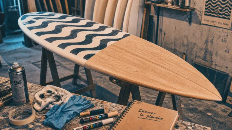 Décorer planche de surf avec peinture et résine, fixation murale