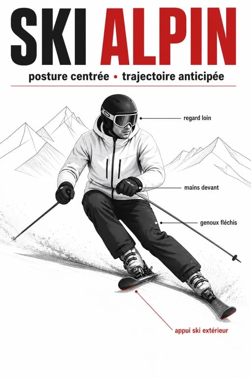 Conseils ski : skieur en posture centrée avec appui sur le ski extérieur et regard vers la sortie du virage