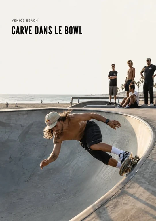 Venice Beach Skate Park en session dans le bowl avec skateur, spectateurs et béton texturé