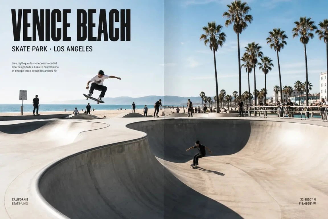 Venice Beach Skate Park à Los Angeles avec palmiers, océan et skateurs en action