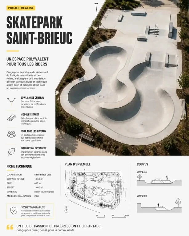 Vue aérienne du skatepark d'Herblay avec ses modules en béton