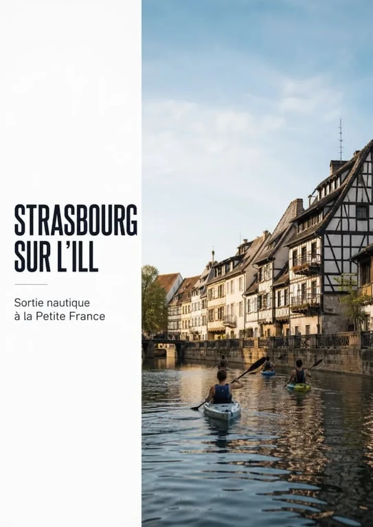 Activités nautiques Strasbourg sur l’Ill avec kayakistes et vue urbaine de la Petite France
