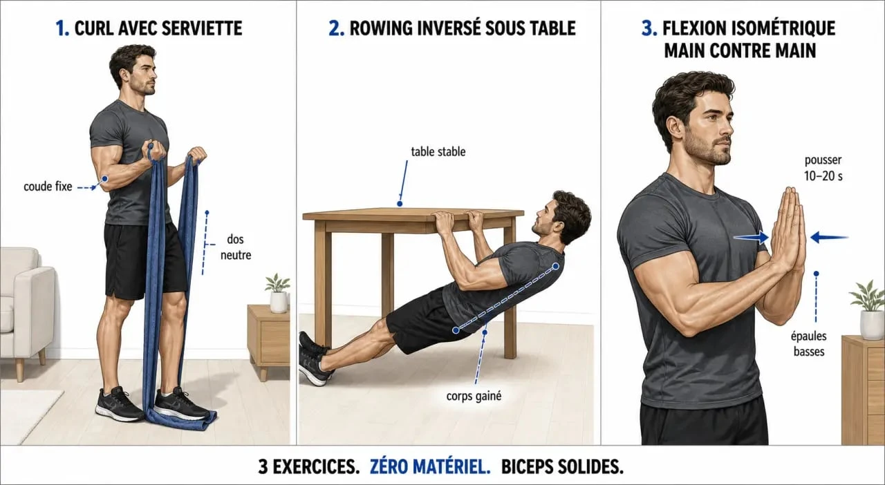 Exercice biceps sans matériel à domicile, démonstration des mouvements avec serviette, table et résistance isométrique