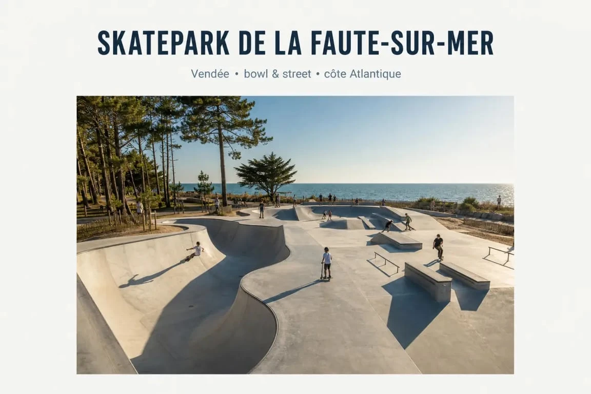 Skate park la faute sur mer avec bowl, modules street et parc côtier près de la mer