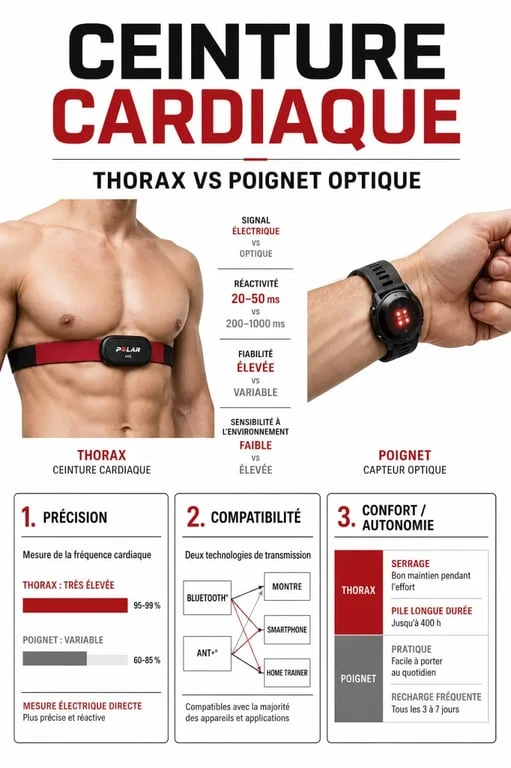 Ceinture fréquence cardiaque : comparaison entre capteur thoracique et capteur au poignet, compatibilité et précision