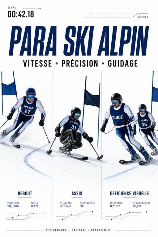 Para ski alpin : catégories debout, assis et déficient visuel sur une piste de compétition
