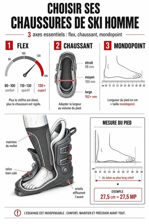 Infographie chaussures de ski homme sur le flex, le chaussant et la mesure mondopoint