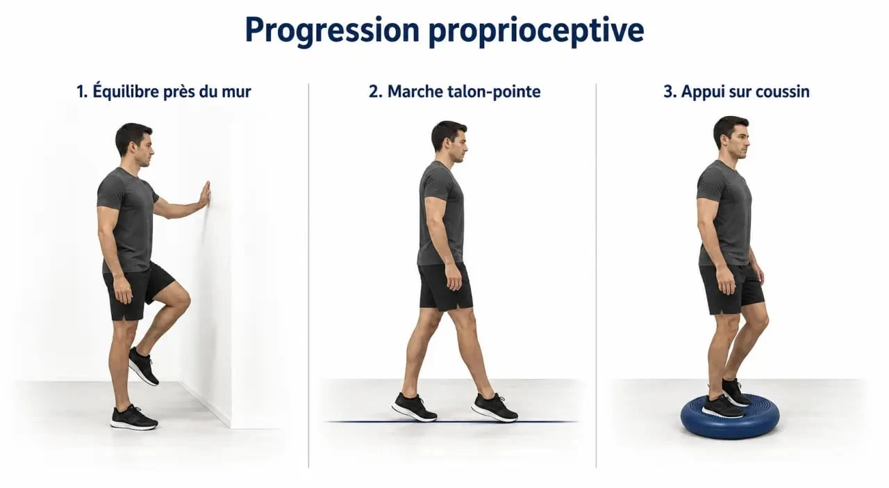 Travail proprioception illustré par des exercices progressifs d’équilibre sur une jambe, marche sur une ligne et coussin d’équilibre