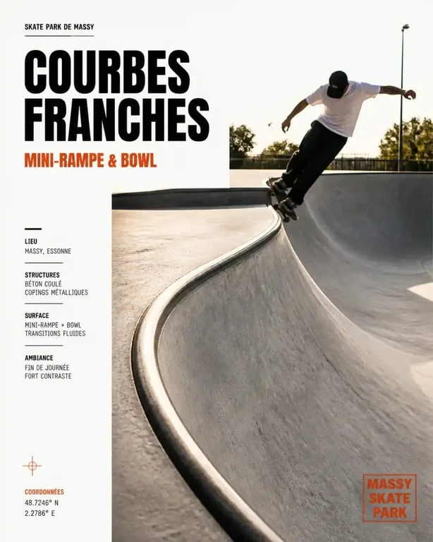 Skate park de Massy : mini-rampe et bowl en béton en plein ride