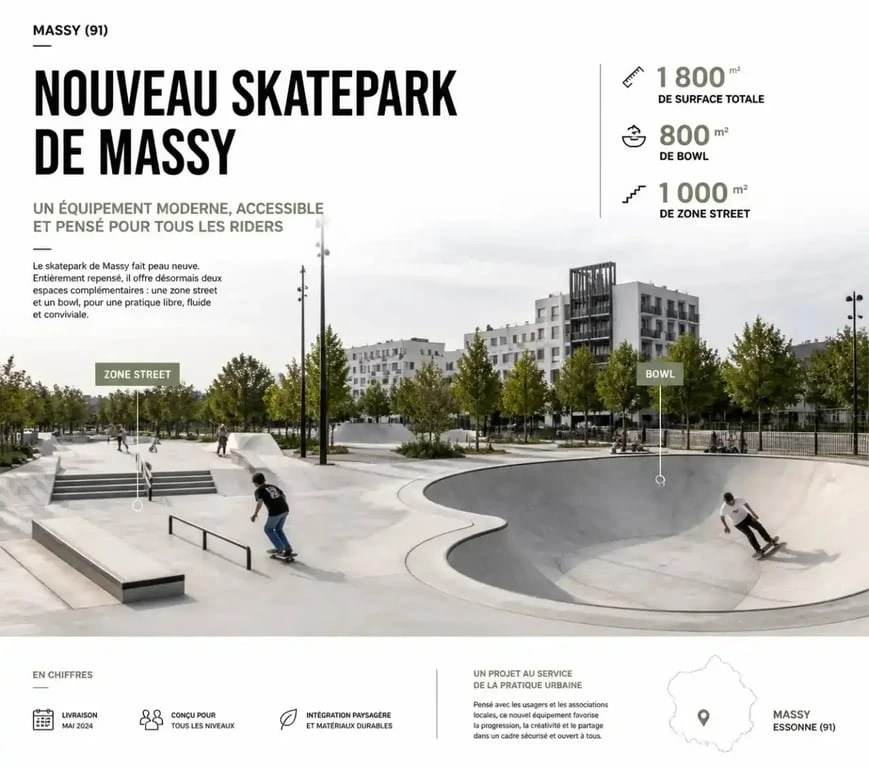 Skate park de Massy : vue d'ensemble de la zone street et du bowl rénovés
