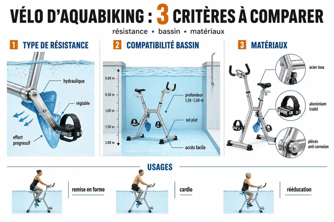 Vélo aquabiking : comparaison des résistances, de la compatibilité piscine et des matériaux