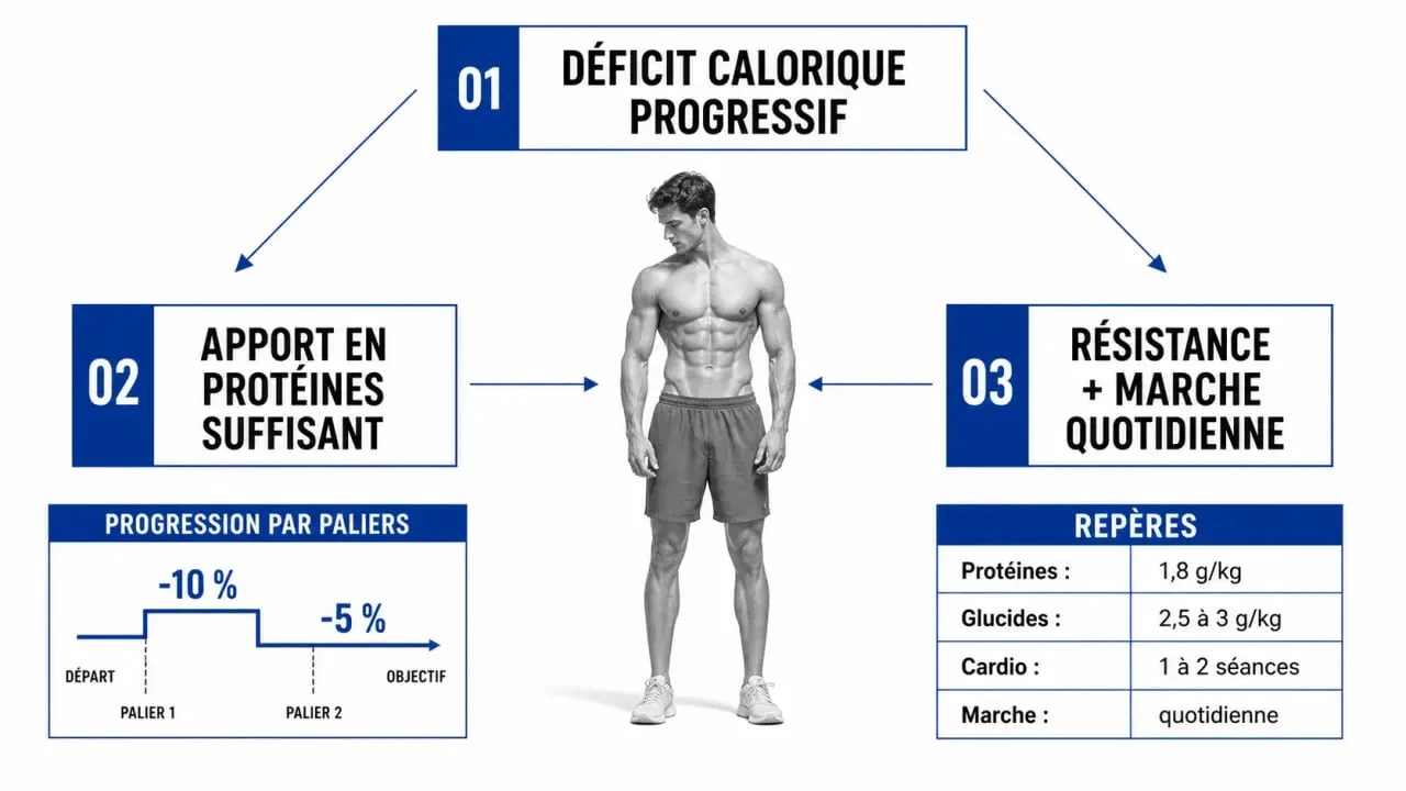 Physique sec : schéma des paliers de déficit calorique, protéines et entraînement