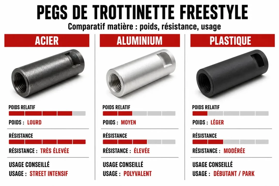Comparatif des pegs trottinette freestyle acier aluminium plastique