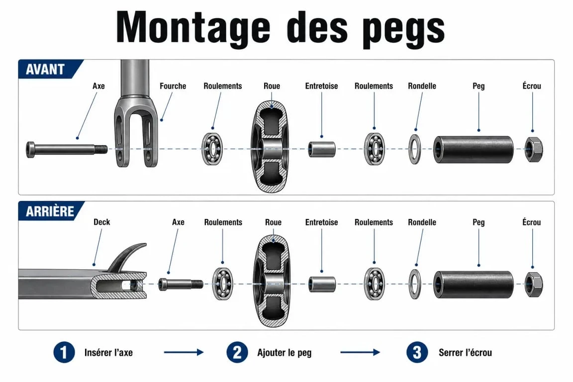 Schéma de montage des pegs trottinette freestyle avec axe, entretoises et roue