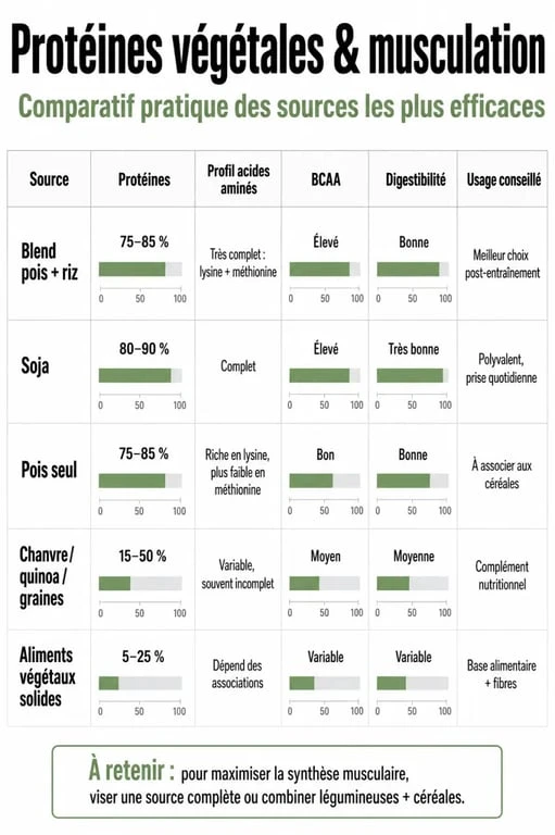 Meilleures protéines végétales musculation : infographie comparative des sources, protéines, BCAA et digestibilité