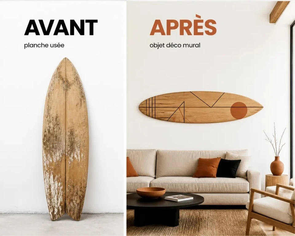 Décorer planche de surf : avant et après transformation en décoration murale