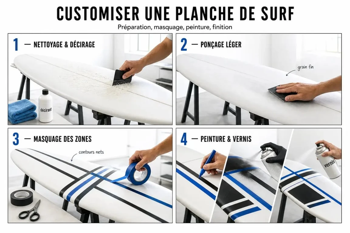Décorer planche de surf : étapes de ponçage, peinture et vernis dans un atelier