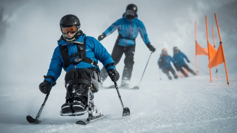 Para ski alpin : trois catégories, cinq épreuves et un classement pondéré Para ski alpin : skieur assis sur piste enneigée